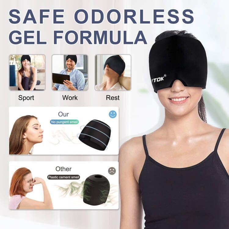 Migraine Headache Relief Cap, Gel Ice Head Wrap, Hot and Cold Therapy, Headache Eyes Mask for Sinus, Puffy Eyes, Tension and Stress Relief (Black)