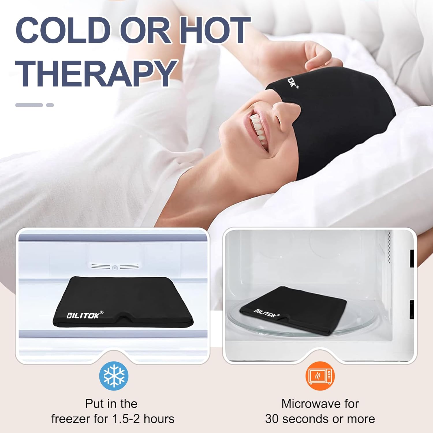 Migraine Headache Relief Cap, Gel Ice Head Wrap, Hot and Cold Therapy, Headache Eyes Mask for Sinus, Puffy Eyes, Tension and Stress Relief (Black)