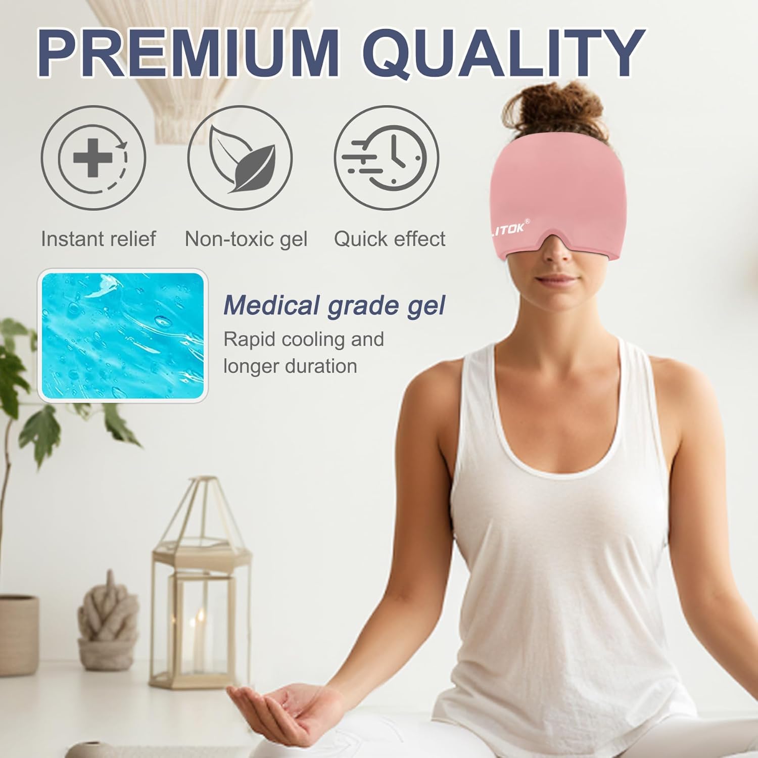 Migraine Headache Relief Cap, Gel Ice Head Wrap, Hot and Cold Therapy, Headache Eyes Mask for Sinus, Puffy Eyes, Tension and Stress Relief (Pink)
