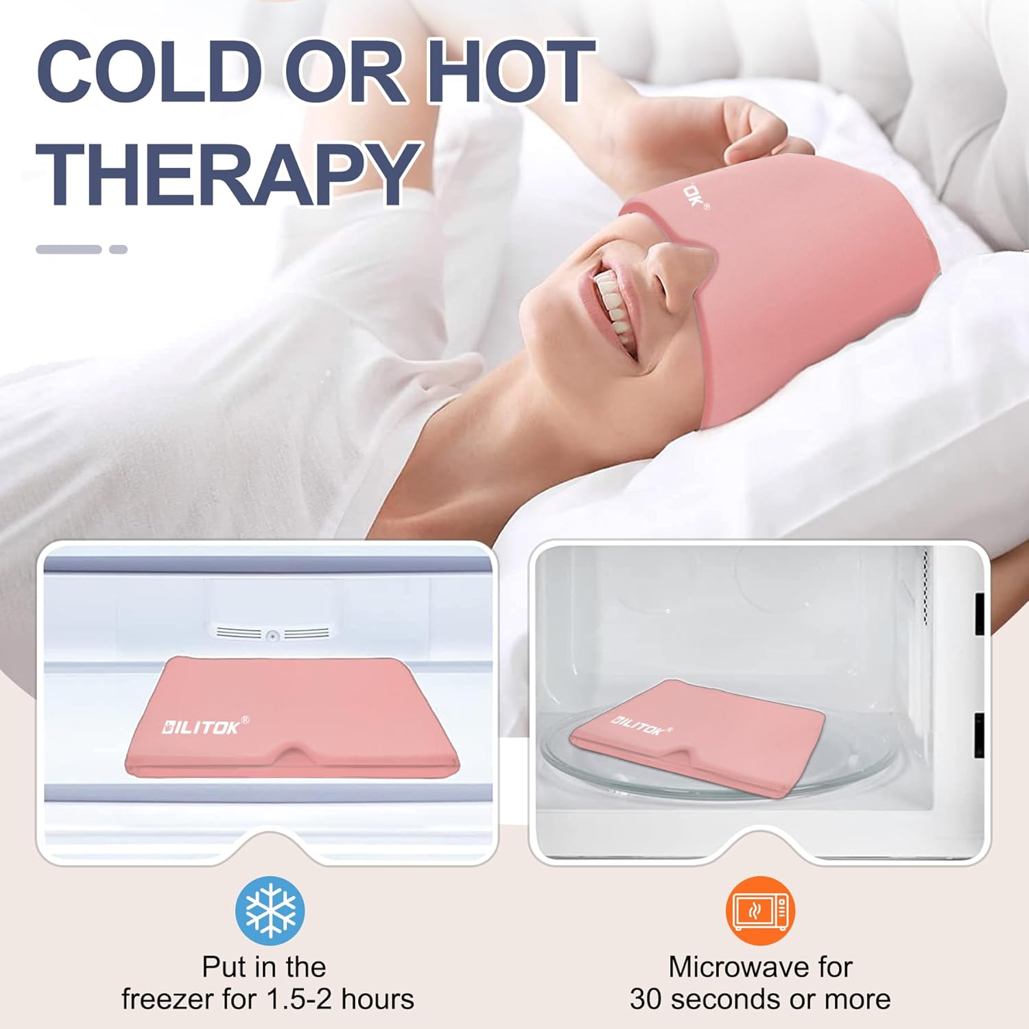 Migraine Headache Relief Cap, Gel Ice Head Wrap, Hot and Cold Therapy, Headache Eyes Mask for Sinus, Puffy Eyes, Tension and Stress Relief (Pink)