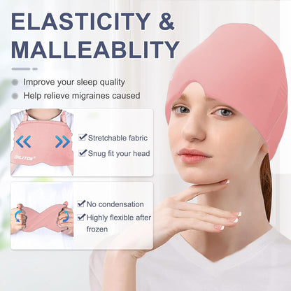 Migraine Headache Relief Cap, Gel Ice Head Wrap, Hot and Cold Therapy, Headache Eyes Mask for Sinus, Puffy Eyes, Tension and Stress Relief (Pink)