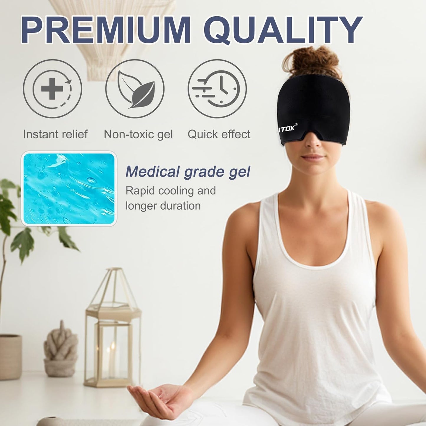 Migraine Headache Relief Cap, Gel Ice Head Wrap, Hot and Cold Therapy, Headache Eyes Mask for Sinus, Puffy Eyes, Tension and Stress Relief (Black)