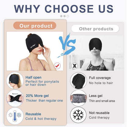 Migraine Headache Relief Cap, Gel Ice Head Wrap, Hot and Cold Therapy, Headache Eyes Mask for Sinus, Puffy Eyes, Tension and Stress Relief (Black)