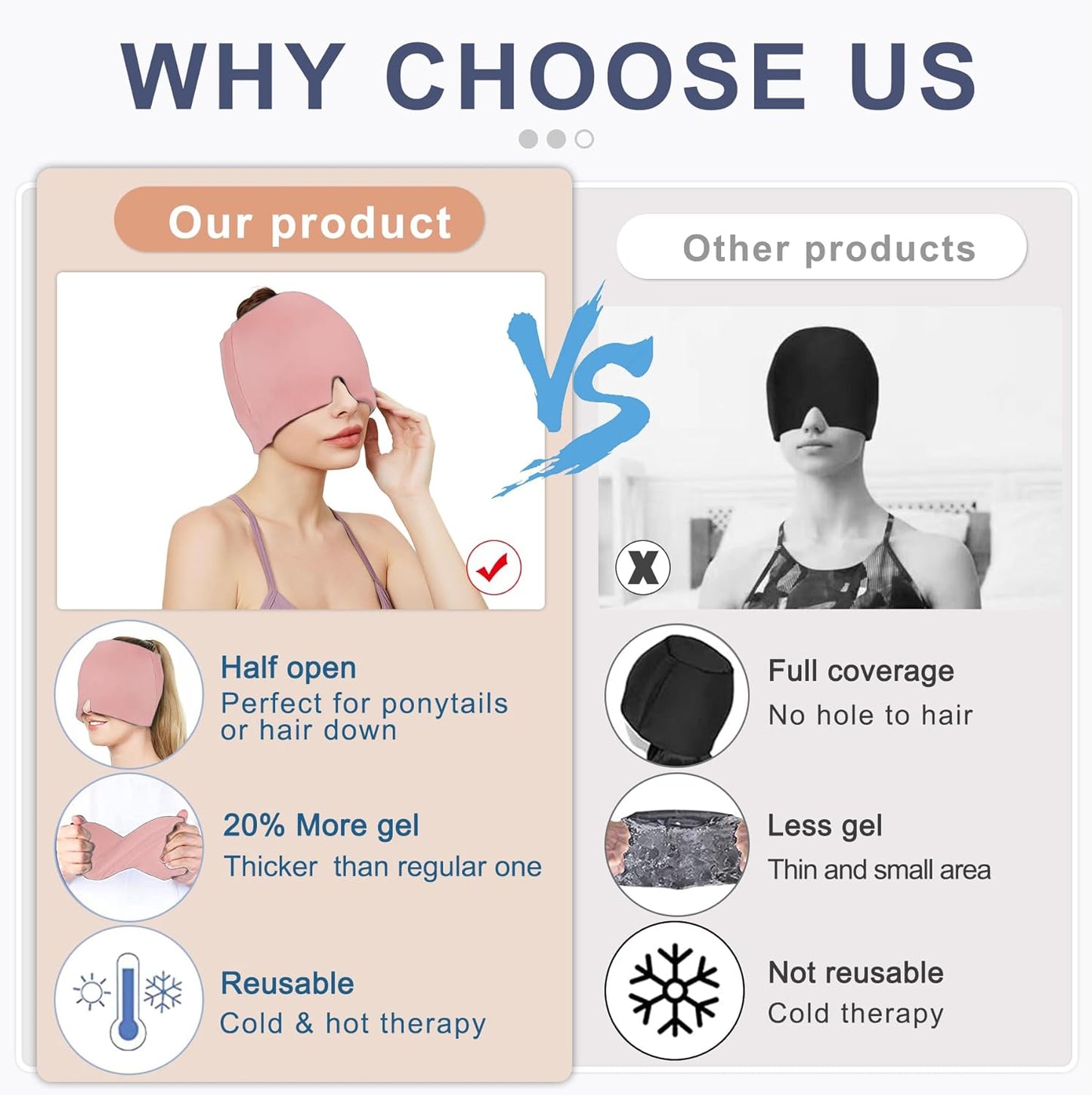 Migraine Headache Relief Cap, Gel Ice Head Wrap, Hot and Cold Therapy, Headache Eyes Mask for Sinus, Puffy Eyes, Tension and Stress Relief (Pink)