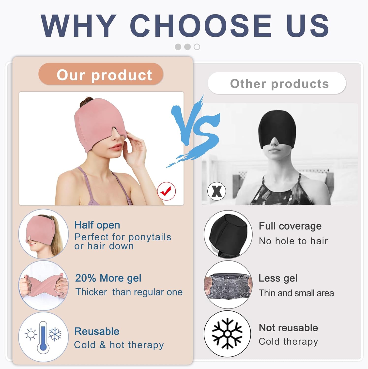 Migraine Headache Relief Cap, Gel Ice Head Wrap, Hot and Cold Therapy, Headache Eyes Mask for Sinus, Puffy Eyes, Tension and Stress Relief (Pink)