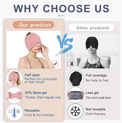 Migraine Headache Relief Cap, Gel Ice Head Wrap, Hot and Cold Therapy, Headache Eyes Mask for Sinus, Puffy Eyes, Tension and Stress Relief (Pink)