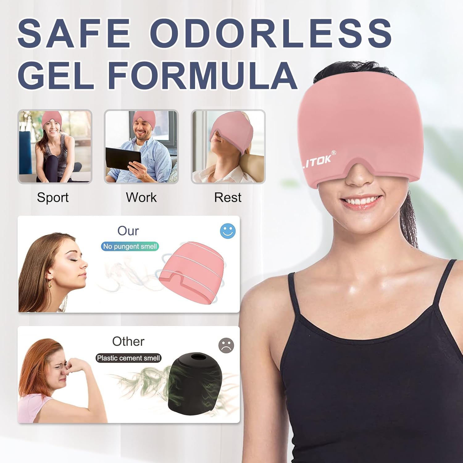 Migraine Headache Relief Cap, Gel Ice Head Wrap, Hot and Cold Therapy, Headache Eyes Mask for Sinus, Puffy Eyes, Tension and Stress Relief (Pink)