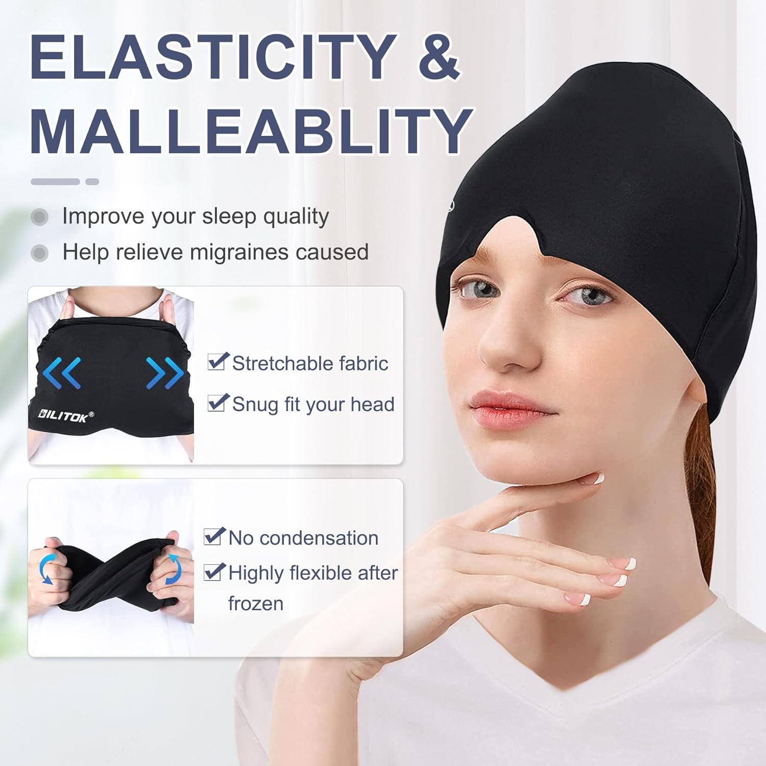 Migraine Headache Relief Cap, Gel Ice Head Wrap, Hot and Cold Therapy, Headache Eyes Mask for Sinus, Puffy Eyes, Tension and Stress Relief (Black)